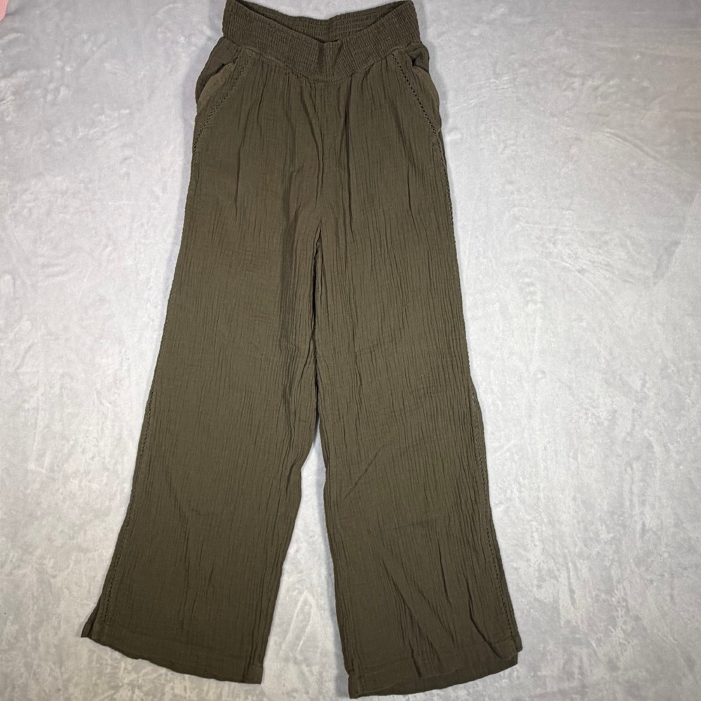 Aerie Pool to Party Gauze Pants Womens M Olive Green Wide Leg Smocked Waist